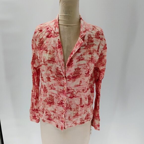 Zara lightweight Top Button Up 100% Cotton Long Sleeve Pink Japanese Print - Picture 1 of 12
